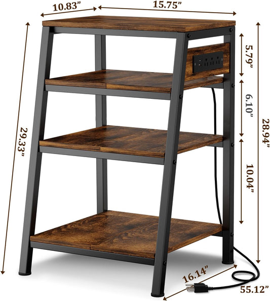 4-Tier AV Media Stand - Stereo Cabinet, Audio Rack with Side Power Strip and 2 Adjustable Shelves, Record Player & Game Console Storage Unit, Entertainment Center Furniture, Brown (Small)