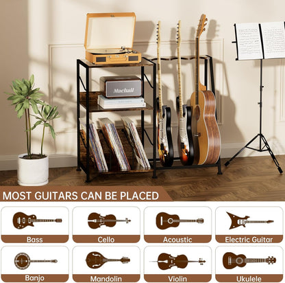 Record Player Stand, 3 Tier Guitar Stand for Acoustic, Electric Guitar, Bass Stand, Vinyl Record Storage up to 200 Albums, Brown Records Shelf for Living Room Bedroom (Rustic Brown)