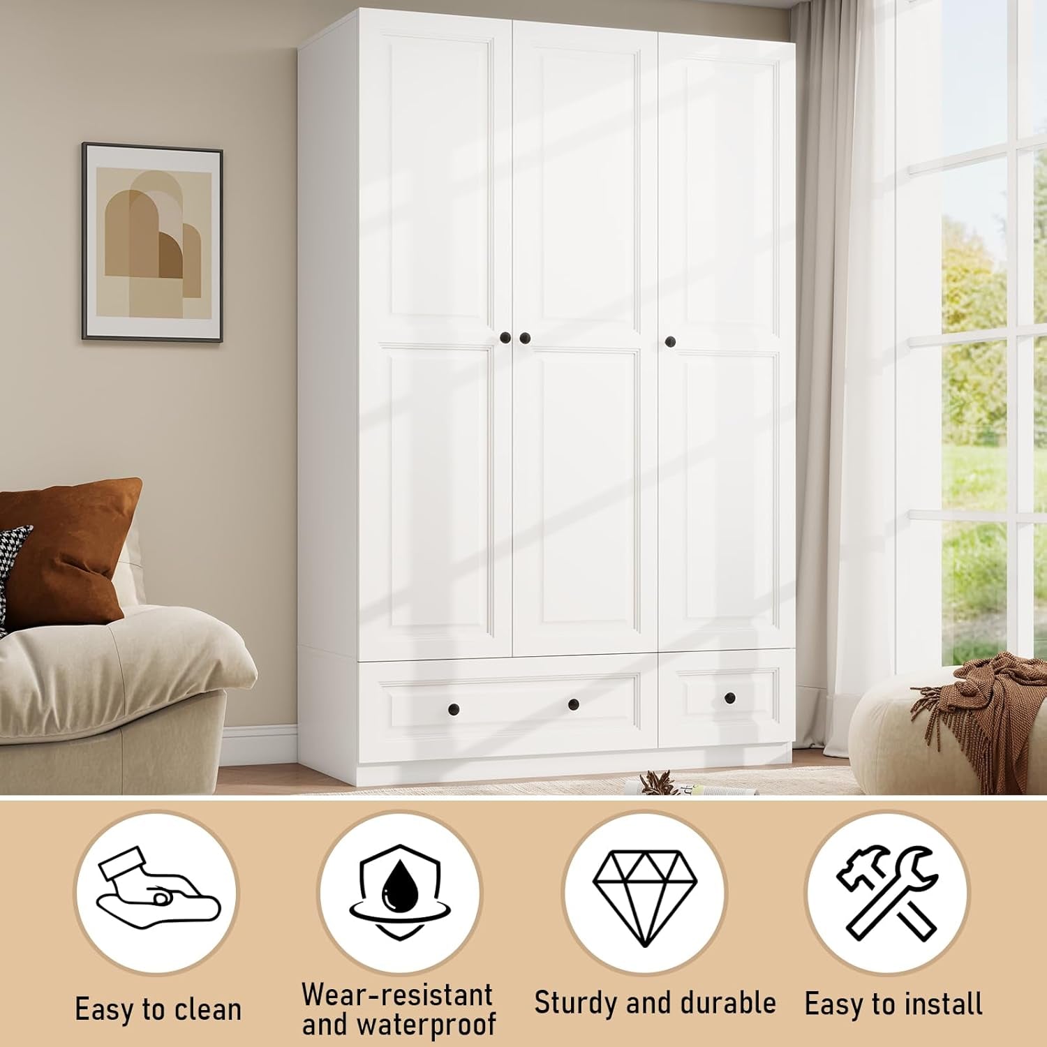 Armoire Wardrobe Closet with Drawers: 74" White Tall Wooden Wardrobe Closet for Hanging Clothes, Large Bedroom Armoires with 2 Drawers, 3 Door Armoire Storage Cabinet (White, 47")