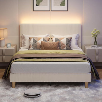 Queen Bed Frame with Adjustable Headboard, LED Lighting, Vertical Channel Tufted Corduroy Upholstered, Solid Wooden Slats Support, No Box Spring Needed, Never Squeaks, Easy Assembly, Beige