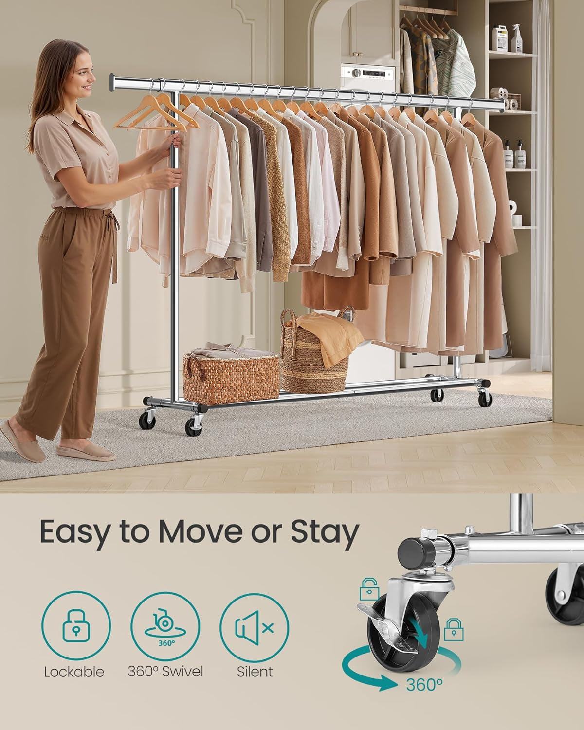 Clothes Rack with Wheels, Heavy-Duty Clothing Rack for Hanging Clothes, Portable, 17.7 X (63-78.7) X 63.6 Inches, with Extendable Rail, 330 Lb Load Capacity, Silver UHSR175E01