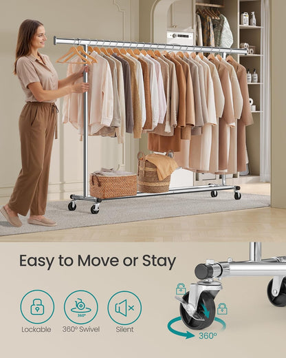 Clothes Rack with Wheels, Heavy-Duty Clothing Rack for Hanging Clothes, Portable, 17.7 X (63-78.7) X 63.6 Inches, with Extendable Rail, 330 Lb Load Capacity, Silver UHSR175E01