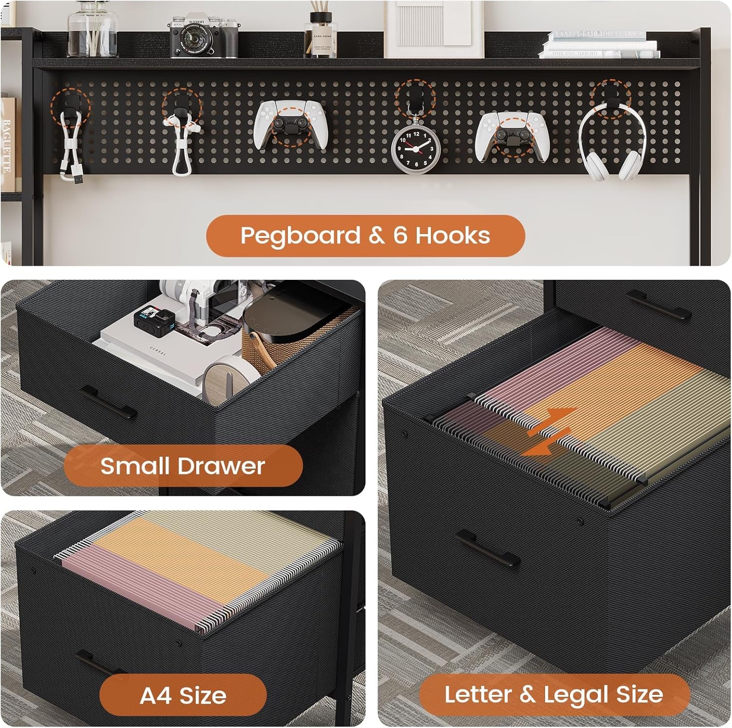Gaming Desk with Hutch, 65In Reversible Computer Desk with Power Outlets LED Light, Home Office Desk with Monitor Stand 2 Drawers 4 Storage Shelves Pegboard 8 Hooks Mouse Pad (Black)
