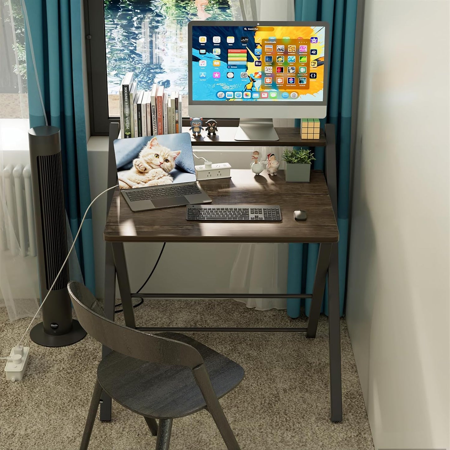 No Assembly Folding Desk, 2-Tier Compact Computer Desk with Shelf, Space Saving Foldable Table for Home Office, Dorm or Apartment, Portable Collapsible Sturdy Laptop Desk, White