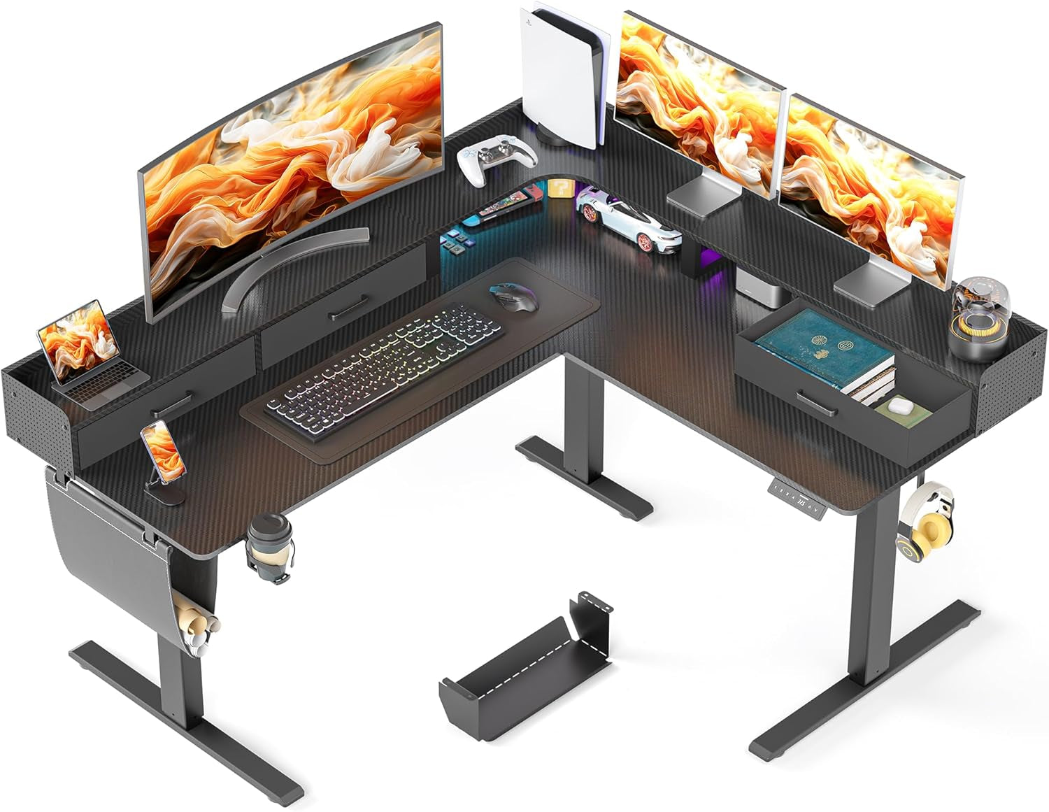 63 Inches Height Adjustable L Shaped Standing Desk with 3 Drawers and Monitor Shelf, Electric Corner Comupter Desk, Sit Stand up Home Office Desk, Ergonomic Gaming Desk, Black