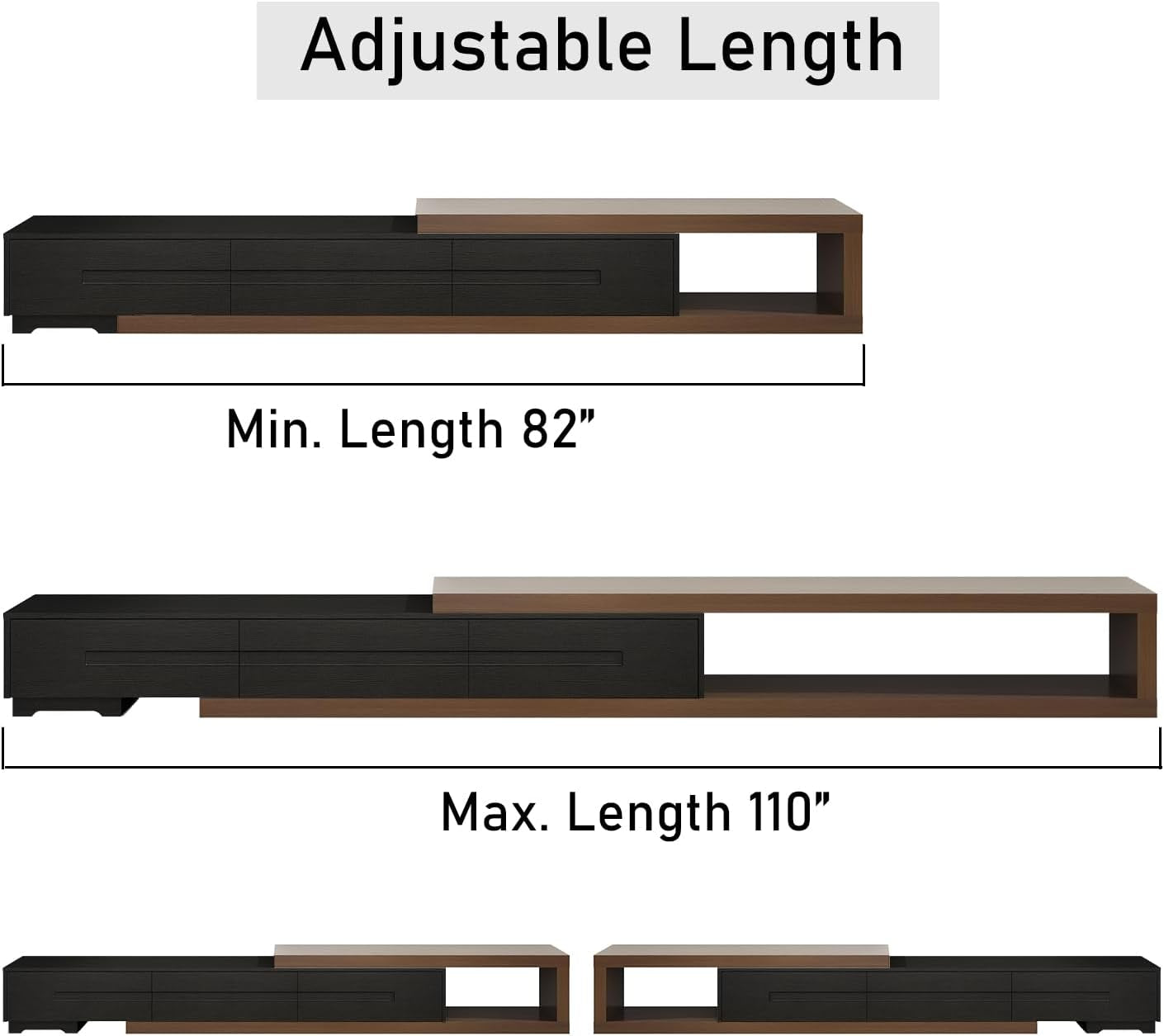 Extendable TV Stand, Modern Entertainment Center for up to 120 Inch TV, Wood Reversible TV Media Console with 3 Drawers for Living Room Bedroom, 82-110"(Black& Walnut)