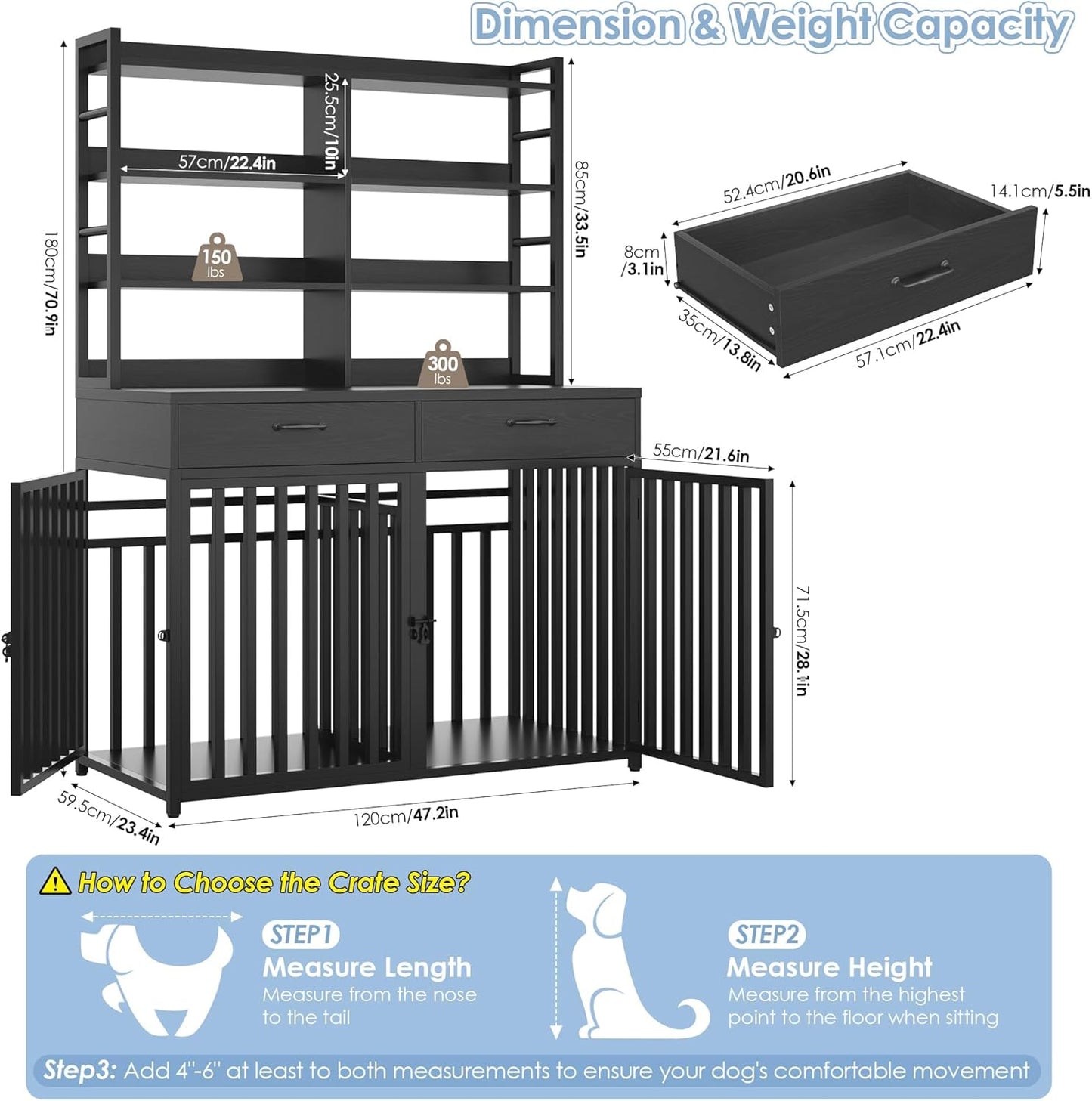 71''H X 47.2''W Large Dog Crate Furniture with 4-Tier Shelves and 2 Storage Drawers, Heavy Duty Dog Cage Furniture with 2 Doors, Wood & Metal Dog Kennel Indoor for Small/Medium/Large Dog, Black