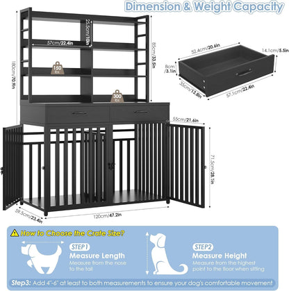 71''H X 47.2''W Large Dog Crate Furniture with 4-Tier Shelves and 2 Storage Drawers, Heavy Duty Dog Cage Furniture with 2 Doors, Wood & Metal Dog Kennel Indoor for Small/Medium/Large Dog, White