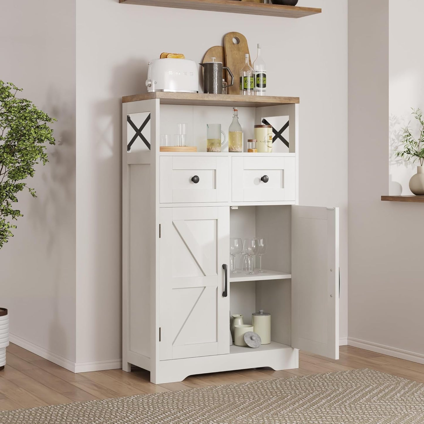 Farmhouse White Storage Cabinet with Doors and Drawers, Freestanding Kitchen Pantry Cabinet, Floor Storage Cabinet Hutch Cupboard for Kitchen, Living Dining Room, Bathroom