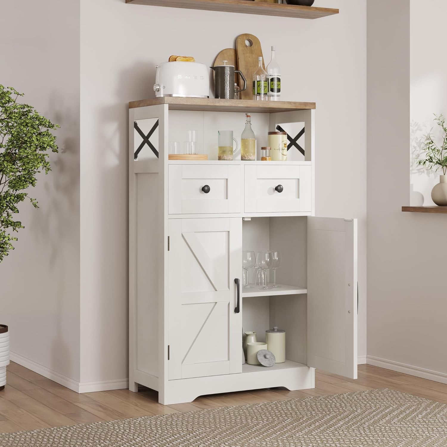 Farmhouse White Storage Cabinet with Doors and Drawers, Freestanding Kitchen Pantry Cabinet, Floor Storage Cabinet Hutch Cupboard for Kitchen, Living Dining Room, Bathroom