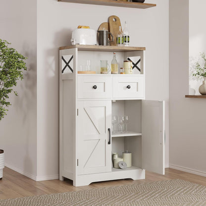Farmhouse White Storage Cabinet with Doors and Drawers, Freestanding Kitchen Pantry Cabinet, Floor Storage Cabinet Hutch Cupboard for Kitchen, Living Dining Room, Bathroom