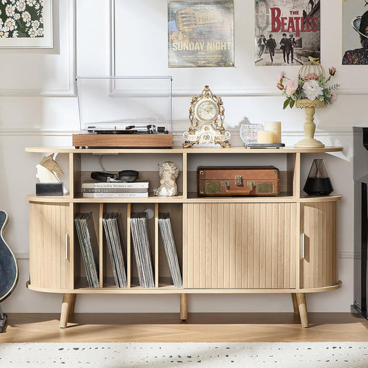 Large round Record Player Stand with Charging Station & Fluted Panel, Natural Mid Century Modern Turntable Cabinet with Vinyl Storage, Arched Wood Record Player Table for Living Room