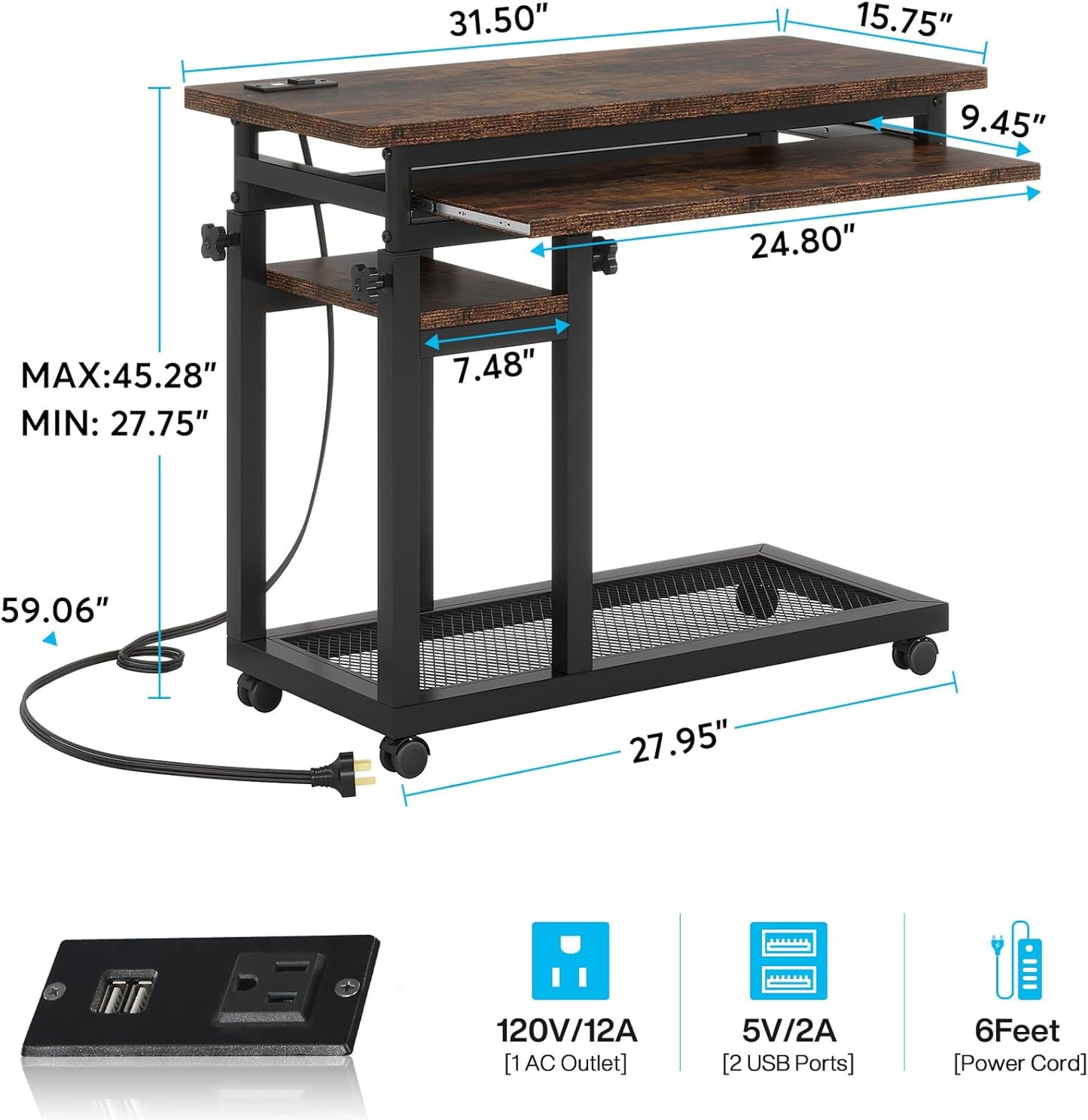 Small Portable Desk with Power Outlet, Height Adjustable Sofa Couch Bedside Laptop Table with Wheels, Mobile Standing Desk Rolling Computer Cart C Side Table with USB Ports