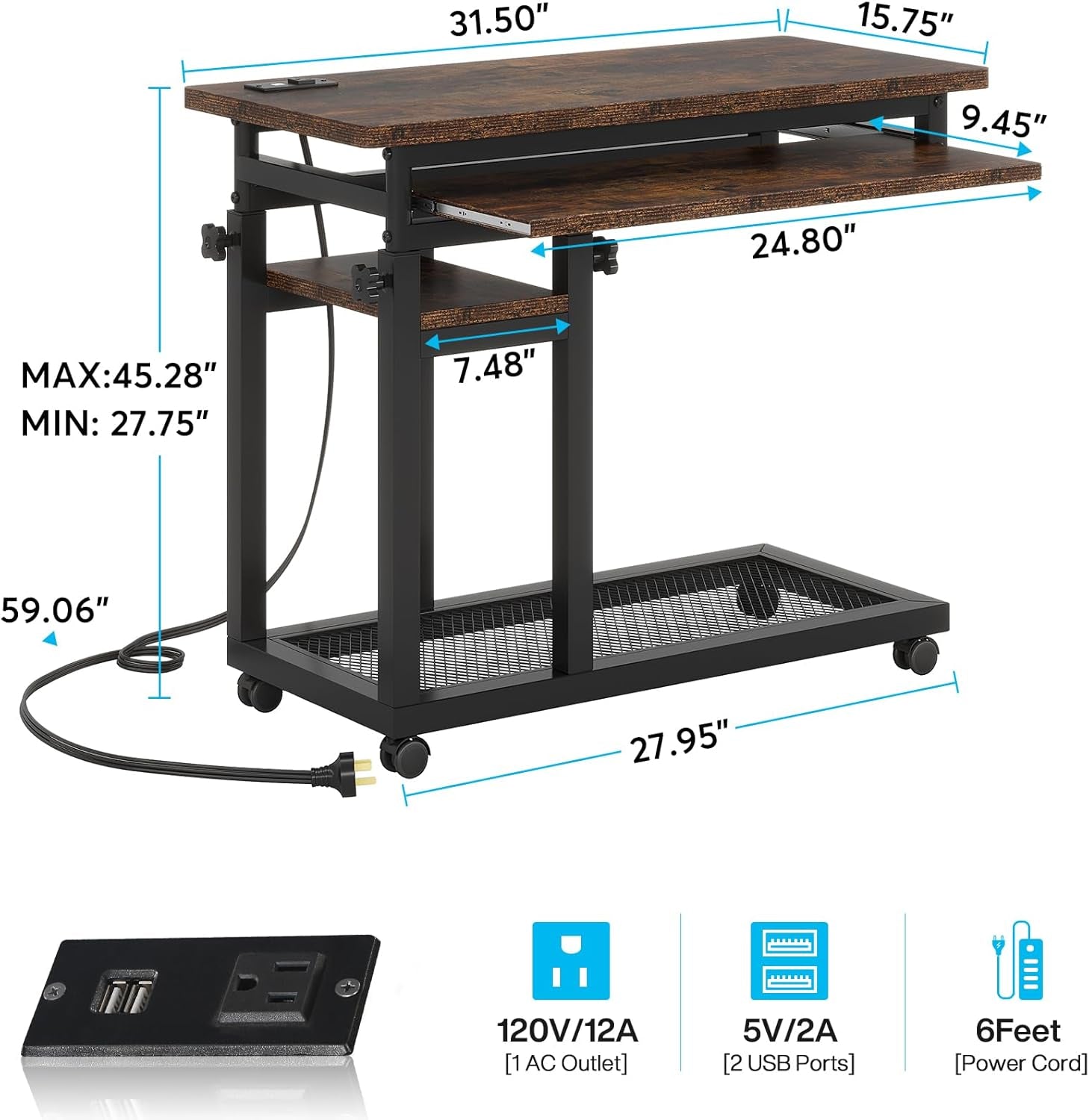 Small Portable Desk with Power Outlet, Height Adjustable Sofa Couch Bedside Laptop Table with Wheels, Mobile Standing Desk Rolling Computer Cart C Side Table with USB Ports