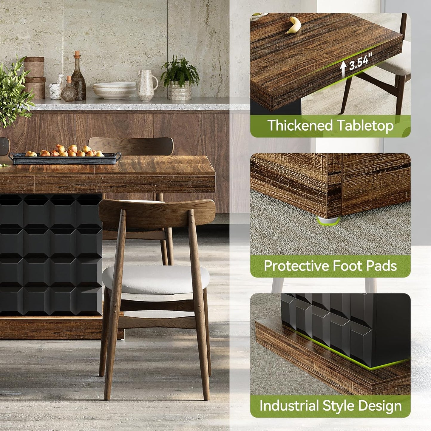63" Modern Dining Table, Rectangular Dinner Table for 4-6, Farmhouse Kitchen Table, Sturdy Wood Pedestal Base for Kitchen/Dining Room, Rustic Brown & Black