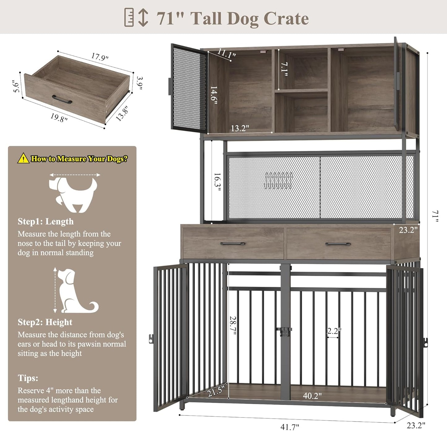 71" Tall Dog Crate Furniture, Indoor Dog Kennel with Hutch, 42" W Dog Cage for Large/Medium Dogs, Wood Dog Crates with 2 Storage Drawers, Heavy Duty Pet House, Ash Grey