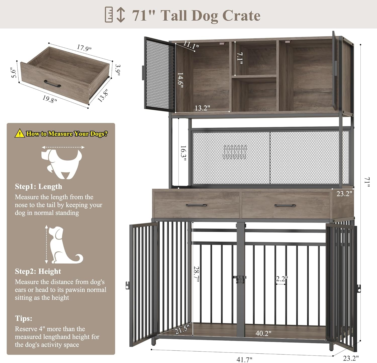 71" Tall Dog Crate Furniture, Indoor Dog Kennel with Hutch, 42" W Dog Cage for Large/Medium Dogs, Wood Dog Crates with 2 Storage Drawers, Heavy Duty Pet House, Rustic Brown