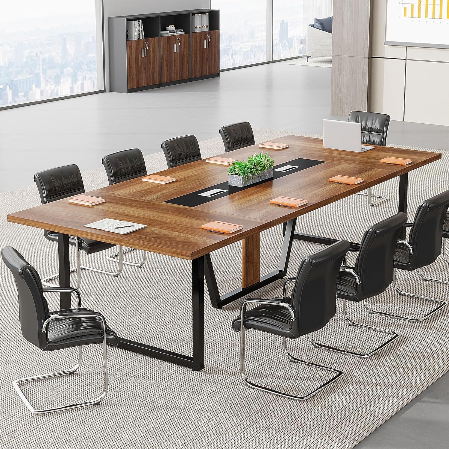 8FT Conference Table, 94.49 L X 47.24 W X 29.53 H Inches Large Meeting Podcast Table for 10 People, Business Style Wooden Training Table with Strong Metal Frame for Office Conference