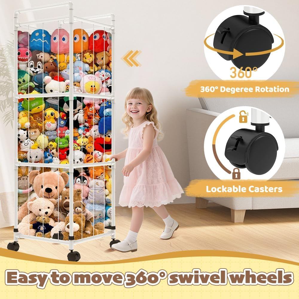 Stuffed Animal Storage with Storage Bags，Sturdy PVC Tubes，Toy Storage Organizer with Brake Wheels，Nursery Storage Shelf for Playroom Bedroom Nursery Room Kids Room