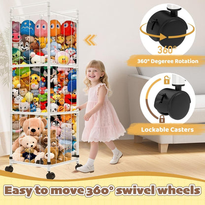 Stuffed Animal Storage with Storage Bags，Sturdy PVC Tubes，Toy Storage Organizer with Brake Wheels，Nursery Storage Shelf for Playroom Bedroom Nursery Room Kids Room