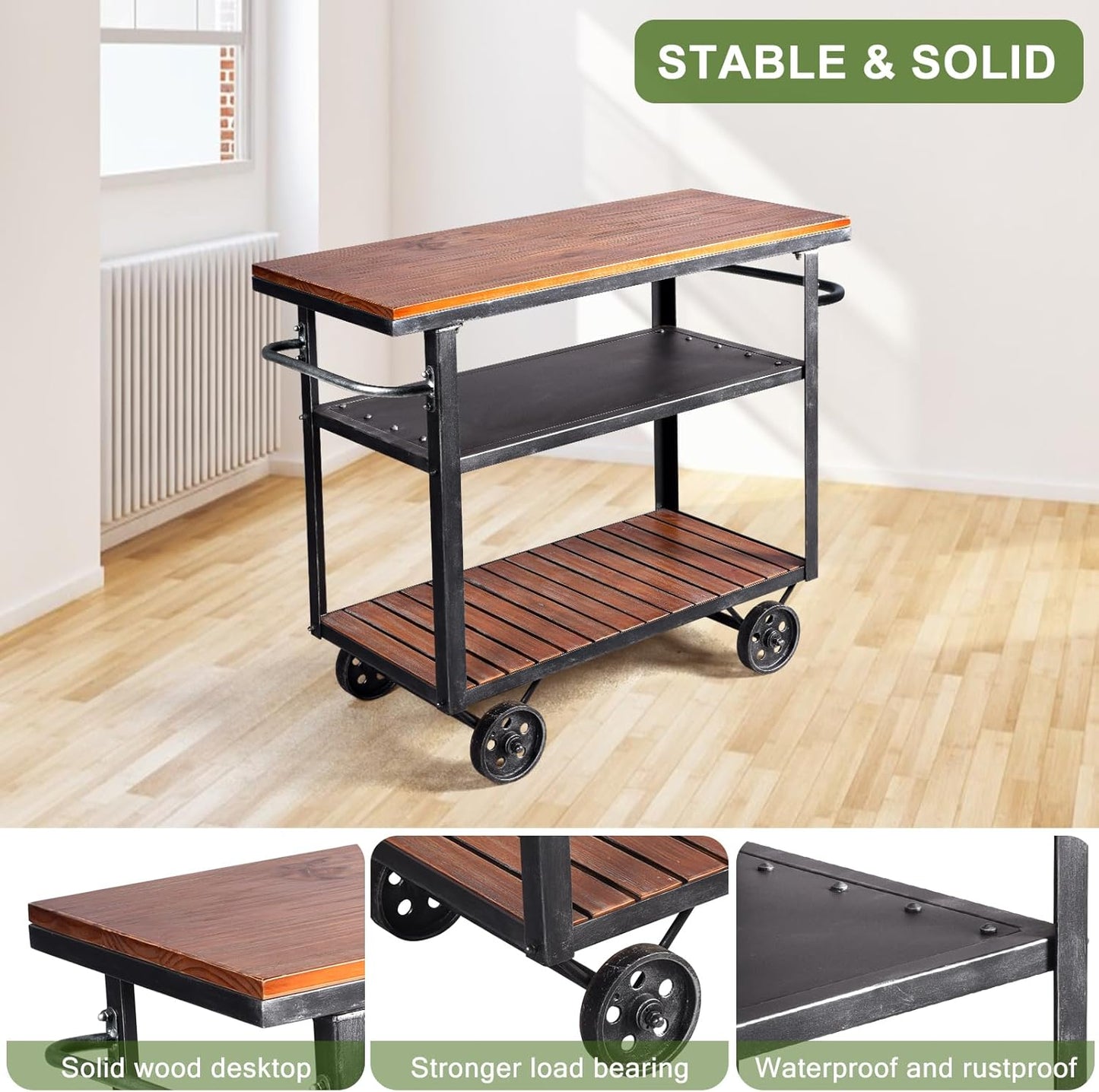Industrial 3 Tier Rolling Utility Storage Cart Wine Beverage, Metal Wine Rack with Wheels Kitchen Bar Dining Room Tea Wine, Storage Cart with Wood