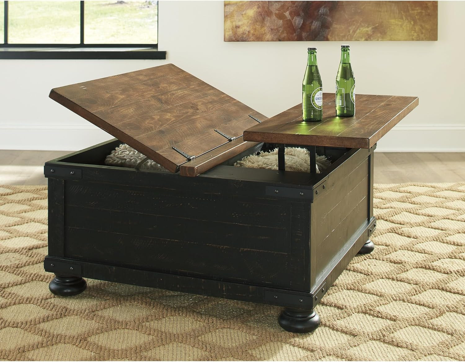 Valebeck Lift Top Coffee Table, Storage, Split-Top Design, Wood, 36" W X 36" D X 18" H, 2-Tone Distressed Brown & Black Finish