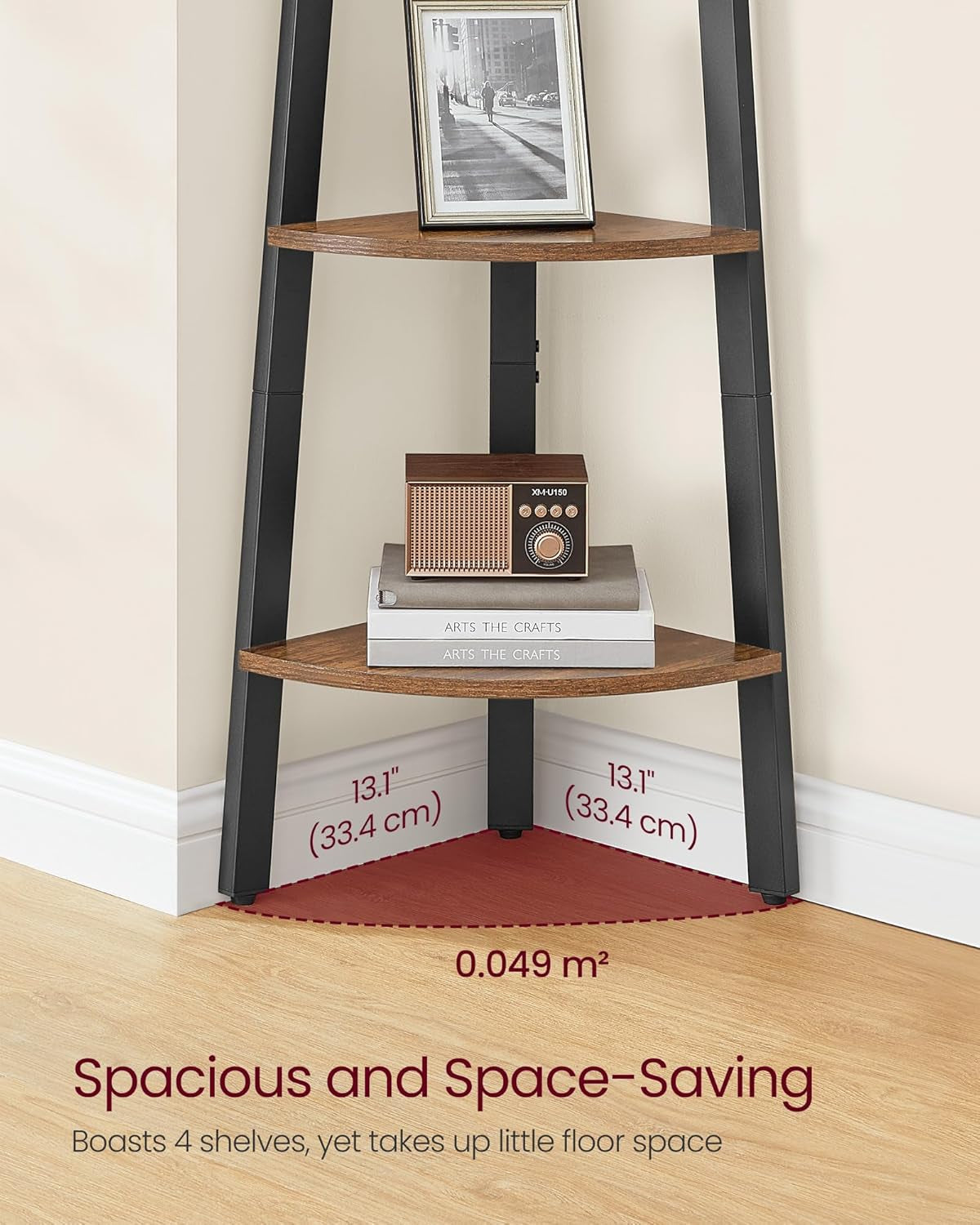 Corner Shelf Stand, 4-Tier Corner Bookshelf, Industrial Ladder Shelf, Plant Stand for Living Room, Office, Kitchen, Rustic Brown and Black ULLS34X