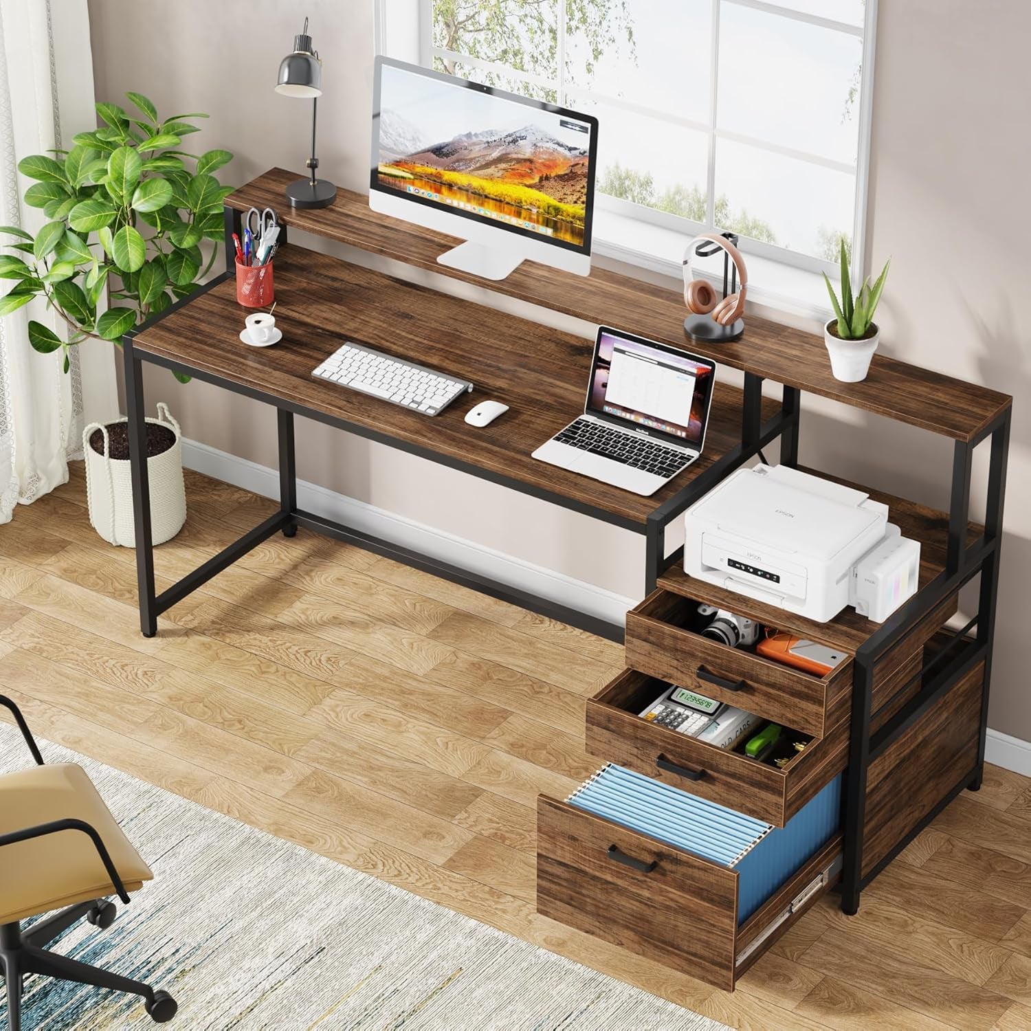63 Inch Computer Desk with File Drawer Cabinet, Ergonomic Office Desk with Monitor Stand, Industrial Computer Table with Printer Space, Wood PC Table Workstation Desk for Home Office