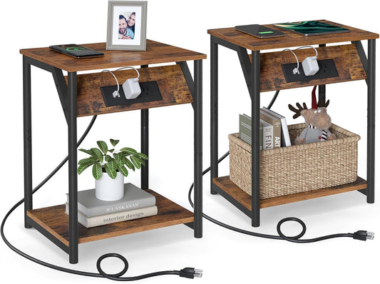 End Table with Charging Station, Set of 2, Small Side Tables for Living Room, Bedroom, Nightstand with Outlets and USB Ports, Bedside Table with Storage Shelf, Rustic Brown and Black