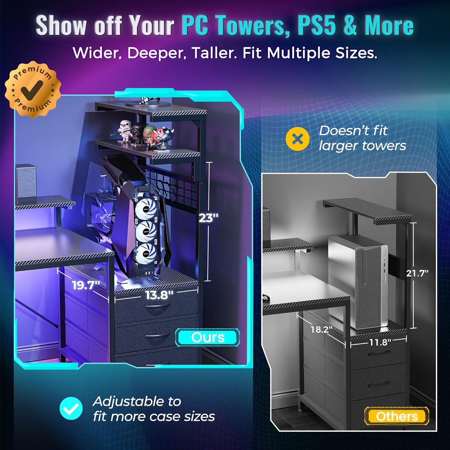 61.7" Gaming Desk with LED Lights & Outlets, Computer Desk with 3 Fabric Drawers, PC Desk with PC Case Stand & Movable Storage Shelves, Monitor Stand, Reversible, Carbon Fiber Black