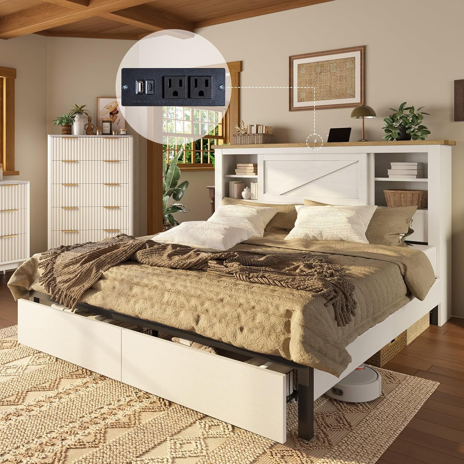 King 47.2" H Bed Frame with Hidden Space Bookcase Headboard and Charging Station, Beds with 2 Storage Drawers and Wood Slats, No Box Spring Needed, White & Barnwood