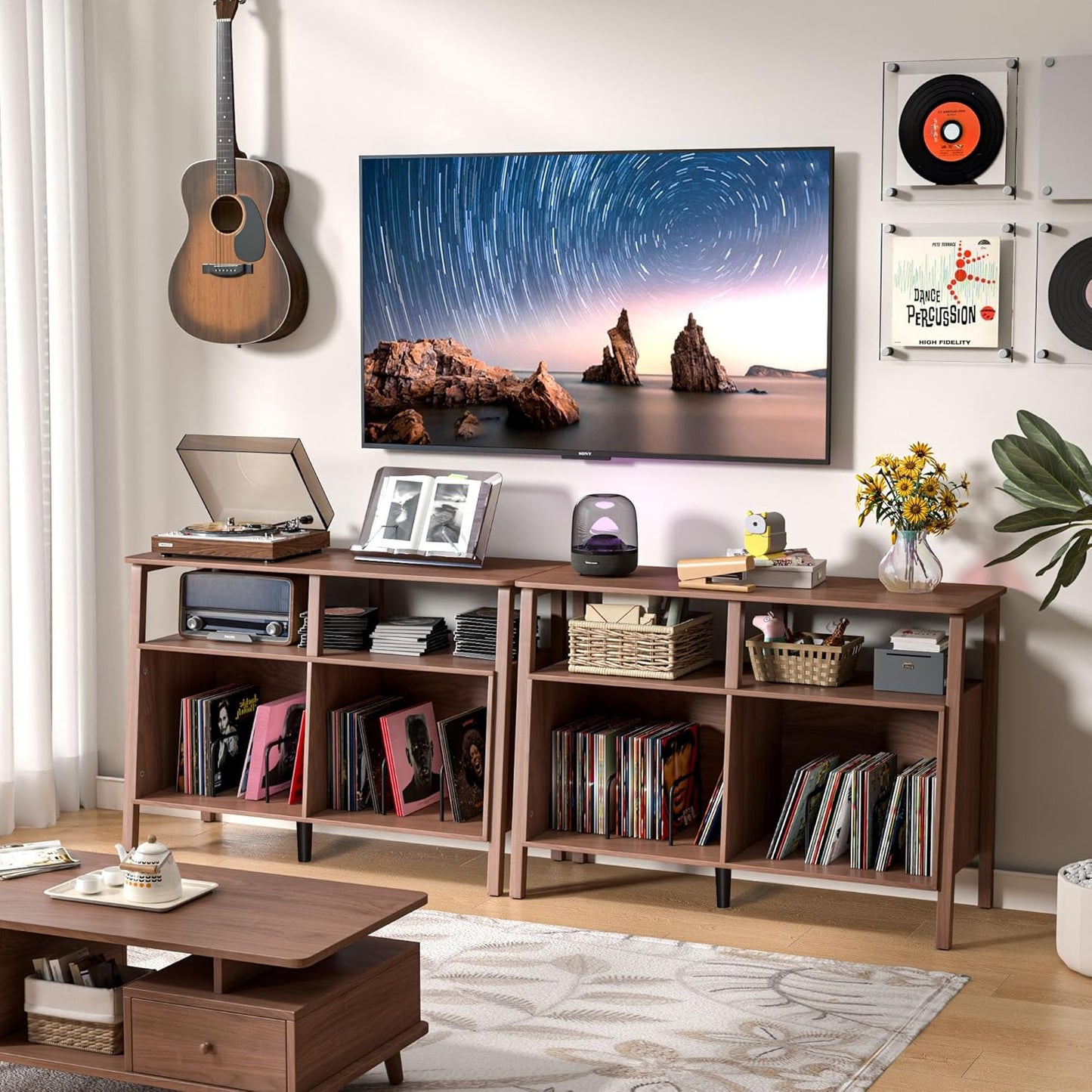 Large Record Player Stand,Mid Century Turntable Stand Table with Open Storage Holds up to 300 Albums,Vinyl Record Storage Display Shelf for Living Room Bedroom (Walnut)
