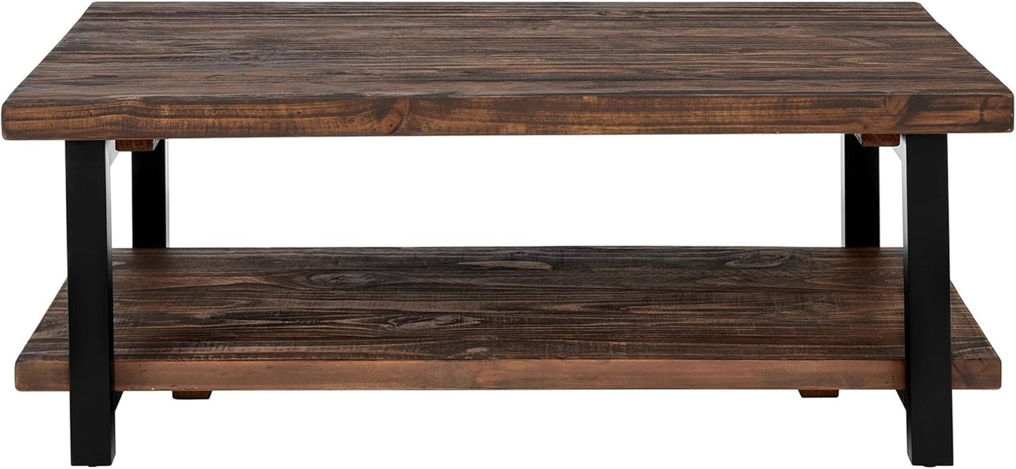 Pomona Rustic Industrial 2-Tier Rectangular Coffee Table – 48” Solid Wood Top with Shelf, Metal Legs, and Reclaimed Finish – Farmhouse Style Living Room Furniture
