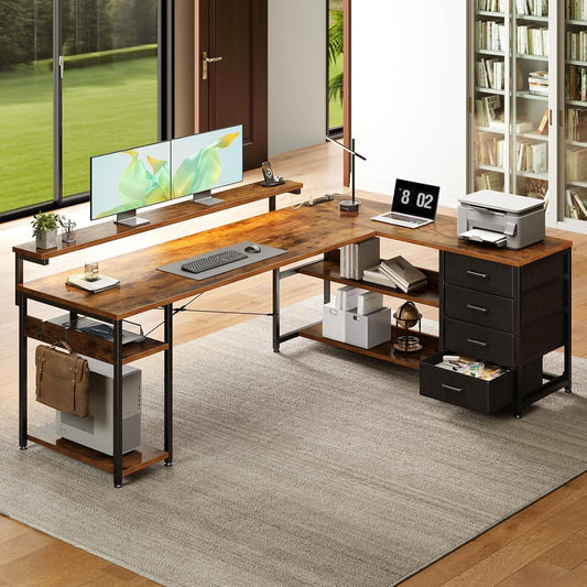 69" L Shaped Desk with Drawer, Computer Desk with Power Outlets & LED Lights, Reversible Corner Gaming Desks for Home Office Workstation, Office Table with Monitor Shelf, Vintage