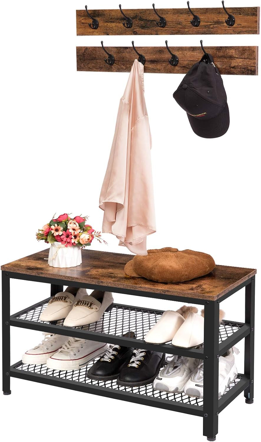 Hall Tree Entryway Storage Bench, Coat Rack Shoe Bench, Shoe Rack Organizer with Coat Hooks, 3-In-1 Design, Wooden Furniture with Metal Frame, Rustic Brown and Black BF17MT01