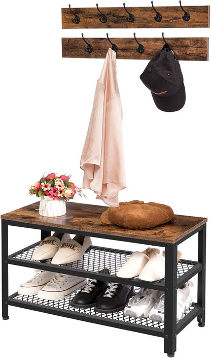 Hall Tree Entryway Storage Bench, Coat Rack Shoe Bench, Shoe Rack Organizer with Coat Hooks, 3-In-1 Design, Wooden Furniture with Metal Frame, Rustic Brown and Black BF17MT01