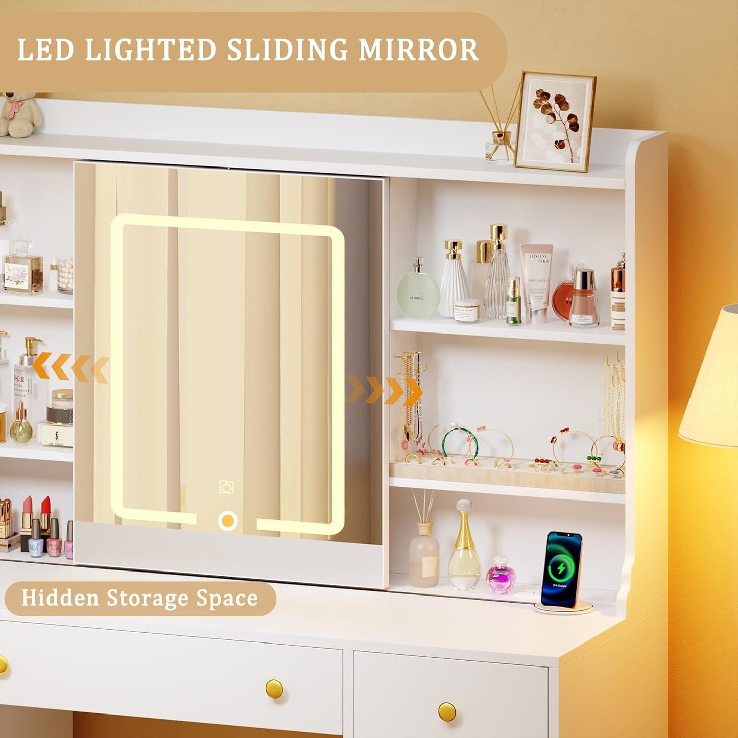 Vanity Desk with LED Lights & Sliding Mirror, Makeup Vanity with Lights, Power Outlet, White Vanity Desk with 5 Drawers & 2 Cabinets, 6 Storage Shelves for Bedroom