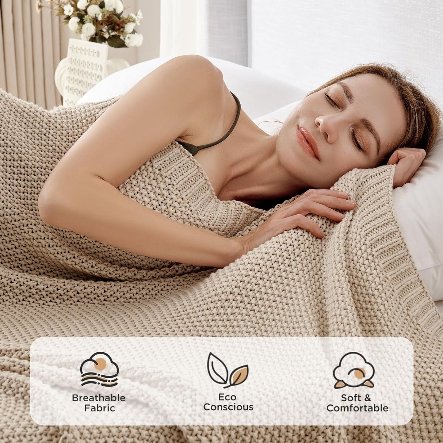 Chunky Cable Knit Throw Blanket, Lightweight 100% Organic Cotton Soft Cozy Throw Twin Blanket for Couch Bed and Sofa, Rustic Breathable Farmhouse Blanket Gift for Women Men(Beige, 51"X63")