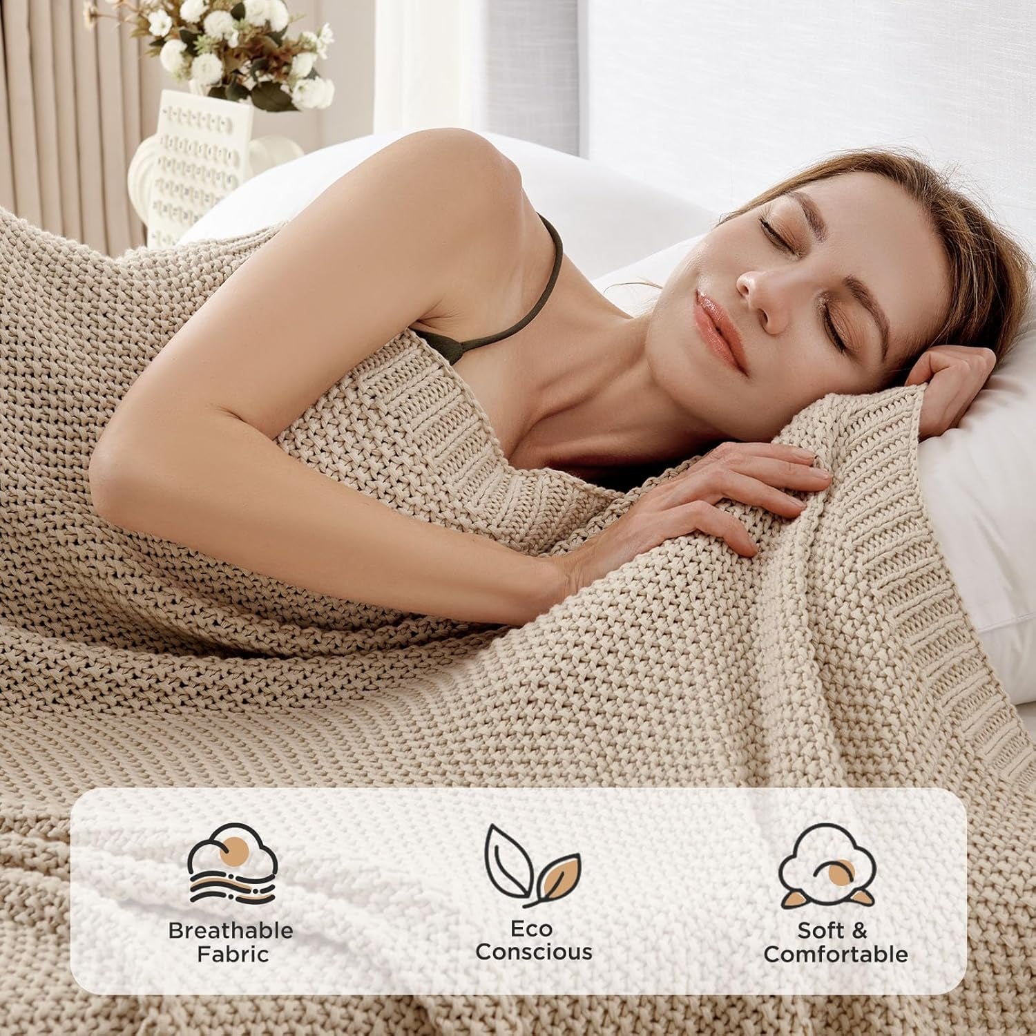 Chunky Cable Knit Throw Blanket, Lightweight 100% Organic Cotton Soft Cozy Throw Twin Blanket for Couch Bed and Sofa, Rustic Breathable Farmhouse Blanket Gift for Women Men(Beige, 51"X63")