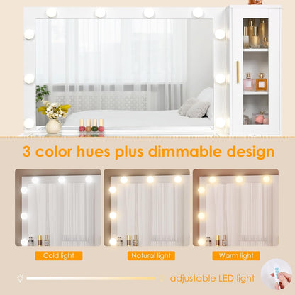 49.2" Large Vanity Desk with Mirror and Lights,White Makeup Vanity Table with Glass Top,Stool,Makeup Desk with Power Outlet,5 Drawers,Nightstand,Dressing Table for Bedroom Women FST34W