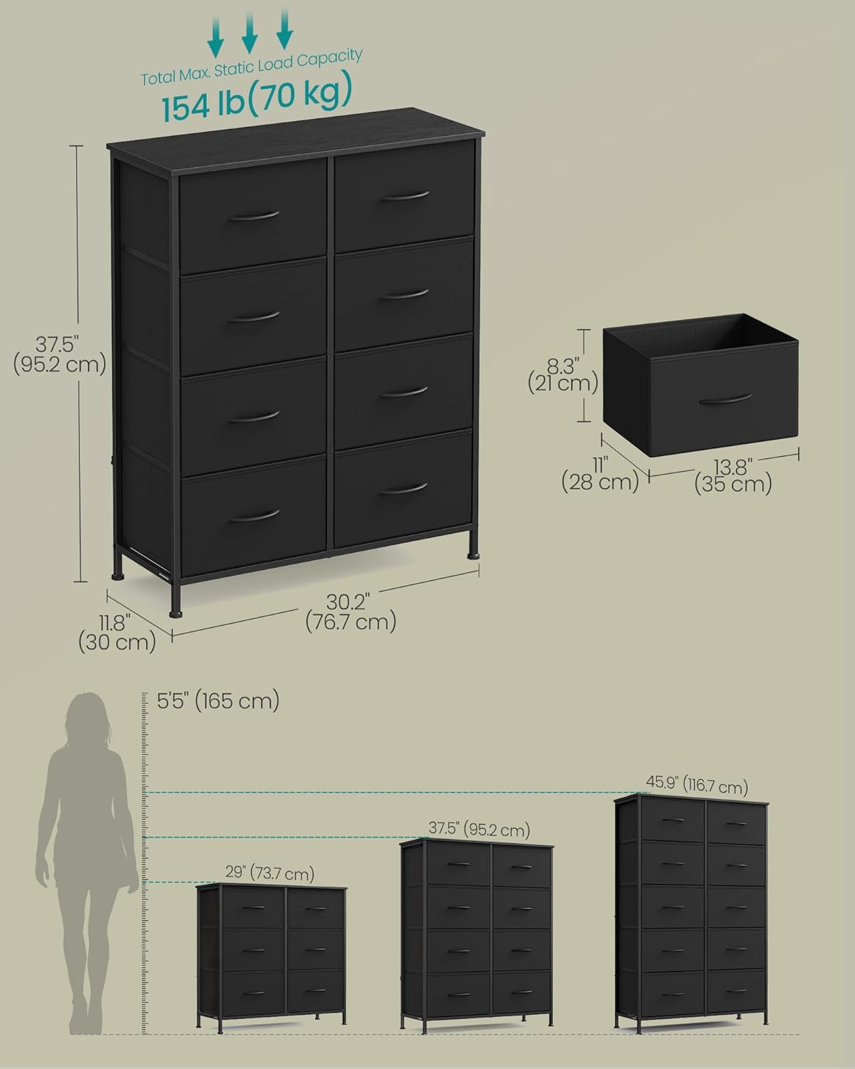 Dresser for Bedroom, Chest of Drawers, Steel, MDF, 8 Non-Woven Fabric Drawers, Storage Organizer Unit, Closet, Entryway, Ink Black and Ebony Black LGS124B01S