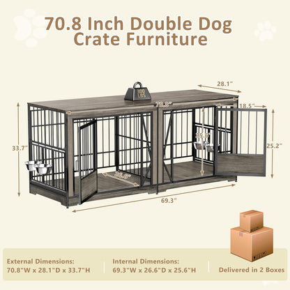 71'' Double Dog Crate Furniture for 2 Dogs, Extra Large Dog Cage with Adjustable Divider, Heavy Duty Dog Kennel Indoor with 4 Bowls, XXL Dog Crate Wooden TV Stand End Table for Large Breed, Grey