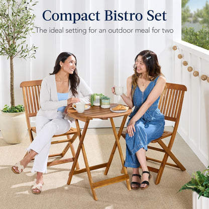 3-Piece Acacia Wood Bistro Set, Folding Patio Furniture for Backyard, Balcony, Deck W/ 2 Chairs, round Coffee Table, Teak Finish - Natural