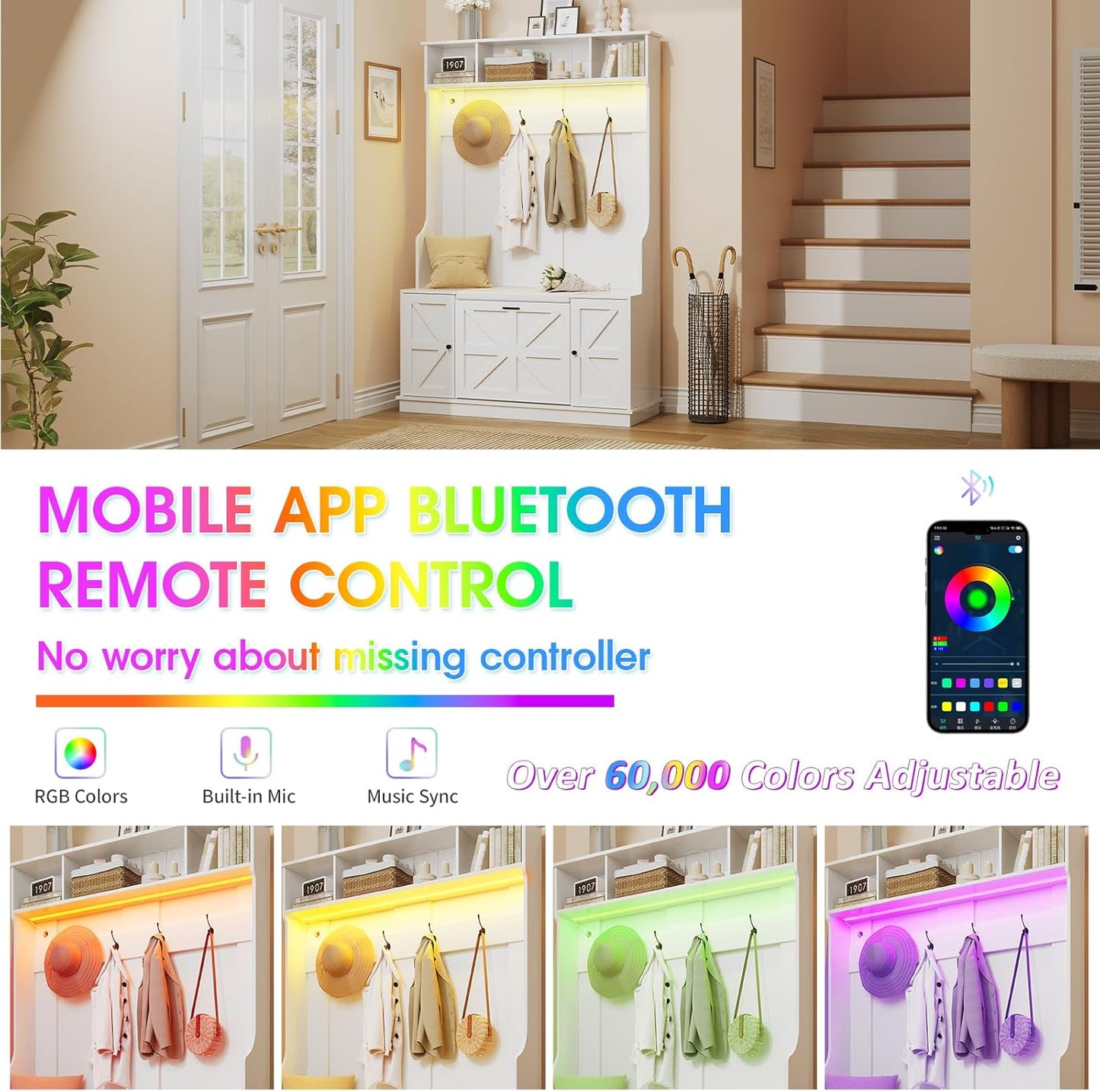 Hall Tree with Bench and Shoe Storage, Coat Rack with Shoe Bench, 6 Shoe Cubbies, 4 Coat Hooks, LED Lights, Entryway Hall Tree, Wood Coat Tree with Soft Cushion for Hallway, Mudroom