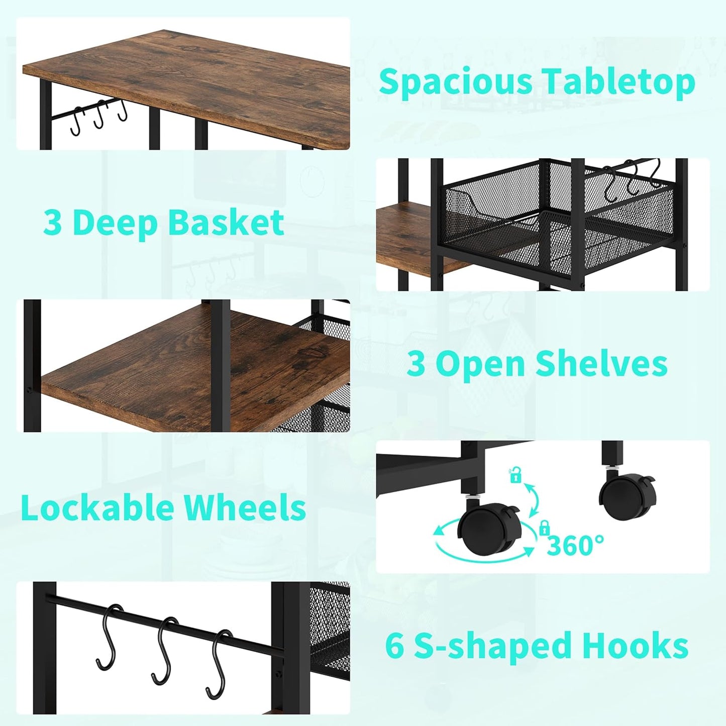Rolling Kitchen Carts with Storage - Microwave Table Stand with 6 Hooks & 3 Baskets, Kitchen Island Cart on Lockable Wheels, 28.3" L × 14.6" W Bakers Rack Cart for Dining Room Coffee Bar Office