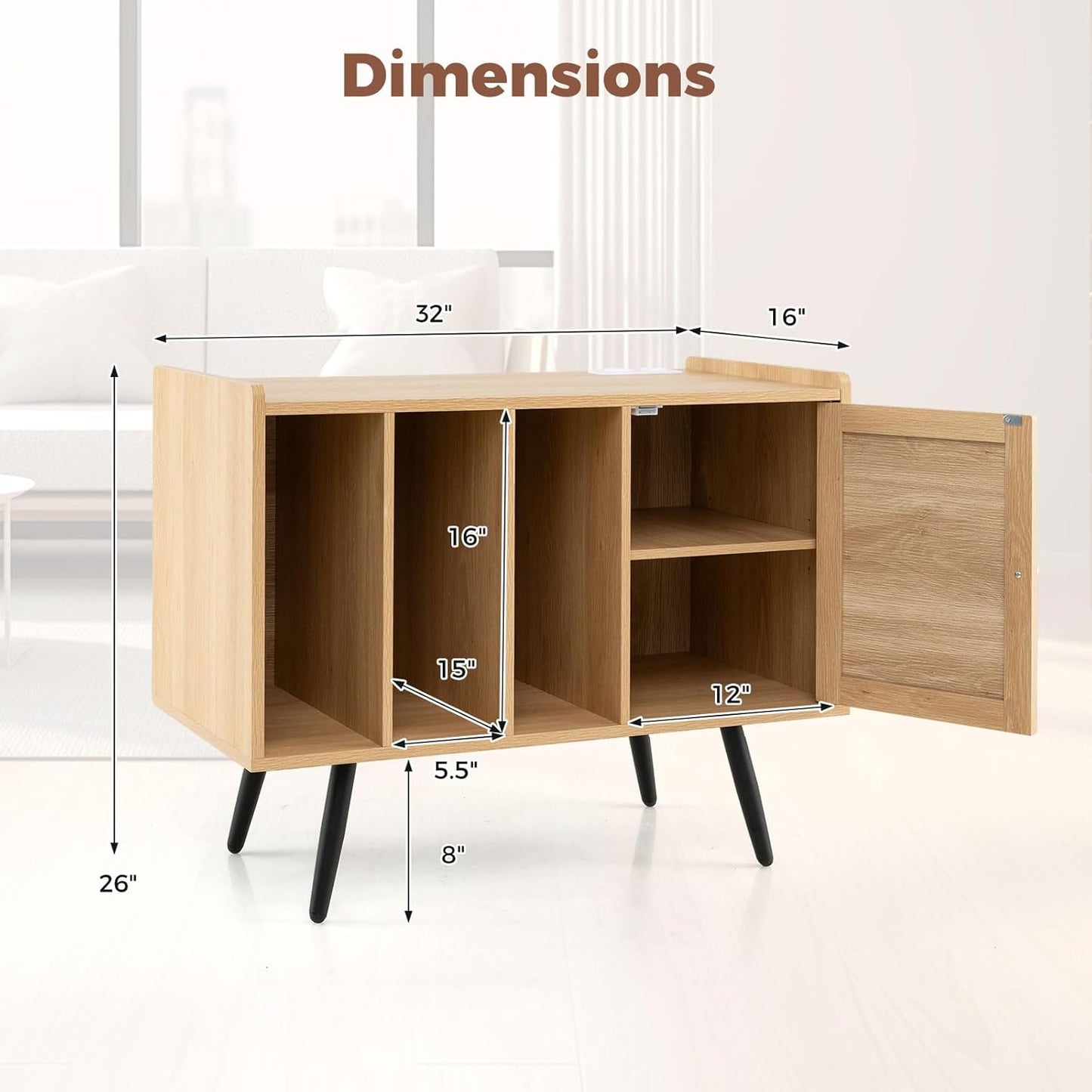 Mid Century Record Player Stand with Charging Station, Rattan Turntable Stand with Storage Cabinet & Adjustable Shelf, Boho Record Player Table, Vinyl Record Storage for Living Room, Bedroom
