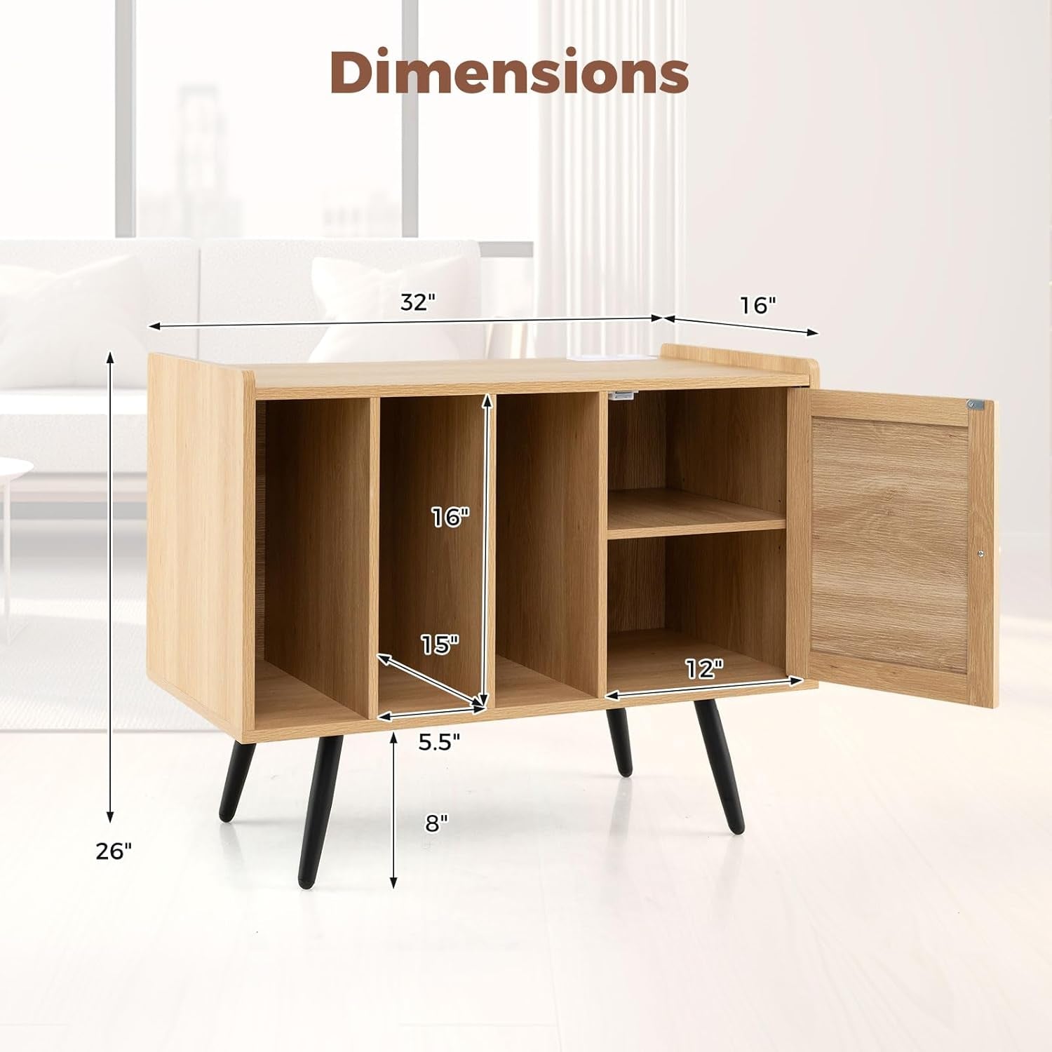 Mid Century Record Player Stand with Charging Station, Rattan Turntable Stand with Storage Cabinet & Adjustable Shelf, Boho Record Player Table, Vinyl Record Storage for Living Room, Bedroom
