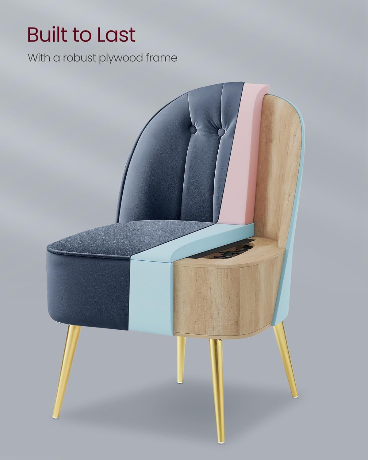 Accent Chair, Velvet Vanity Chair with Metal Legs, Shell-Shaped Back, Wide Seat, Luxury Style, Comfy Chair for Living Room, Bedroom, Makeup Room, Office, Charcoal Blue ULAC017Q01