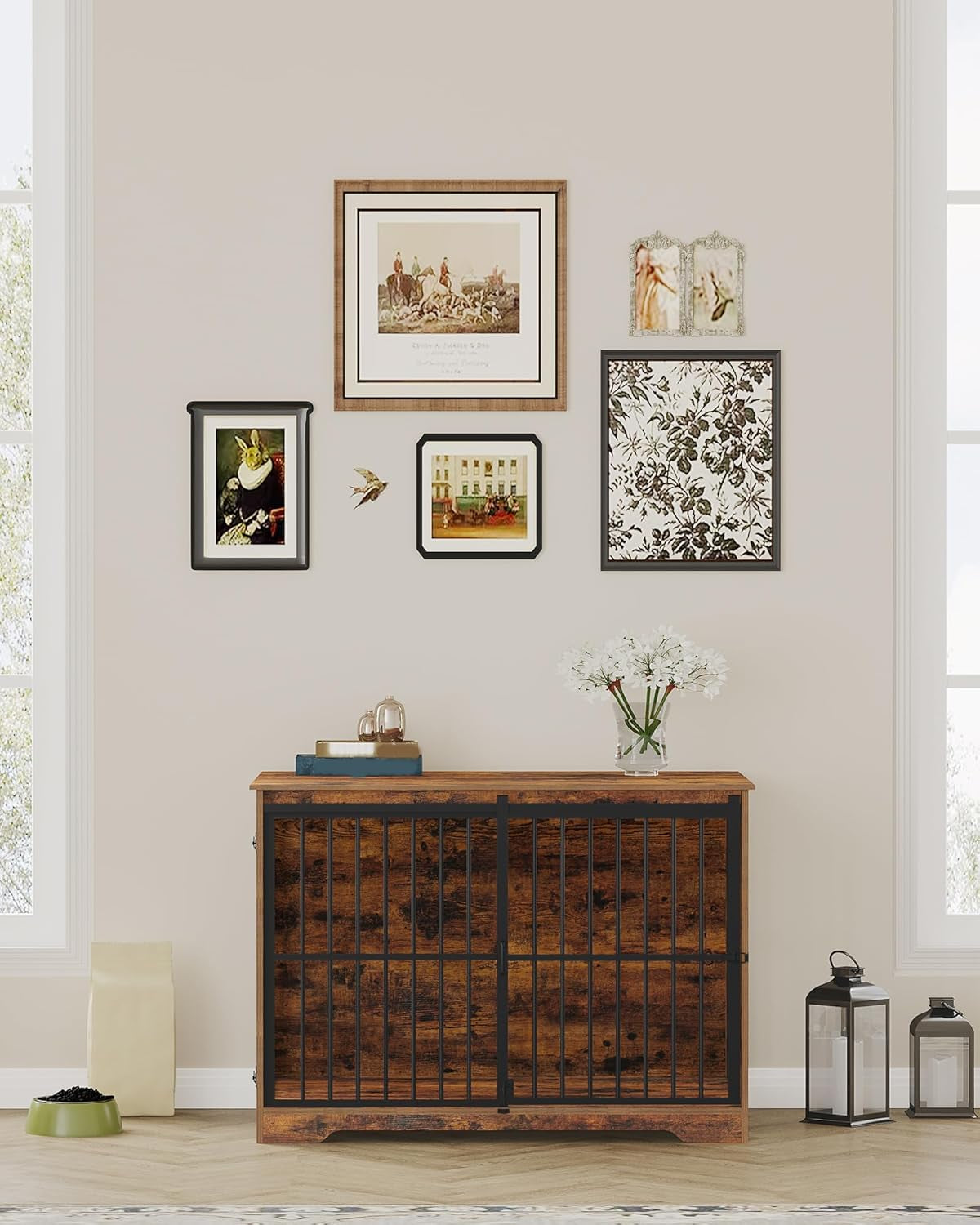 XL Large Dog Crate Furniture, 44.1" Indoor Dog Kennel Furniture with Barn Door, Wooden Tall Dog Crate, Heavy Duty Dog Cage for Large Dogs, Side End Table, Anti-Chew, Rustic Brown DFC80101B