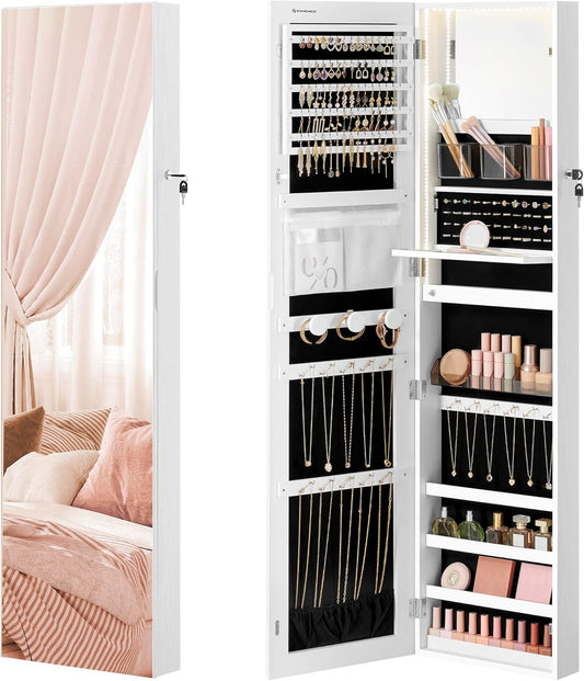 55 Inches Tall Spacious Jewelry Cabinet, Jewelry Armoire with Light-Up Interior Mirror, Wall or Door Mounted Jewelry Storage Organizer, Lockable, Gift Idea, Cloud White UJJC032W01